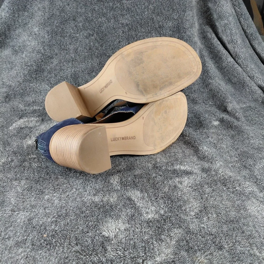 Lucky Brand Saimy Navy Blue Leather Peep‎ Toe Block Heel Sandals Mens 8M 38.5